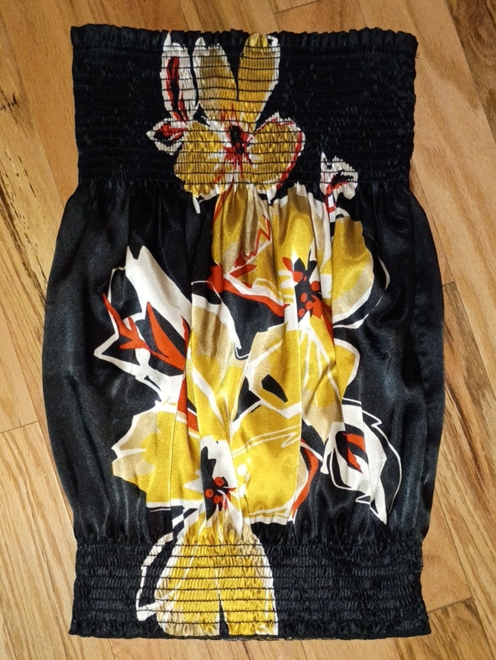 Women’s Black Floral Smocked Tube Top with Yellow Accent